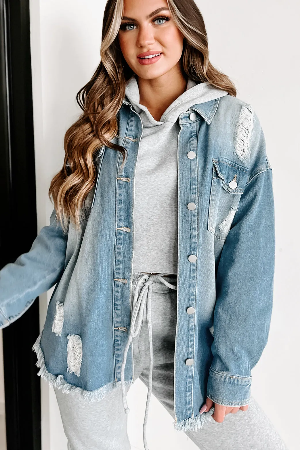 Anything For You Distressed Denim Shacket (Blue)