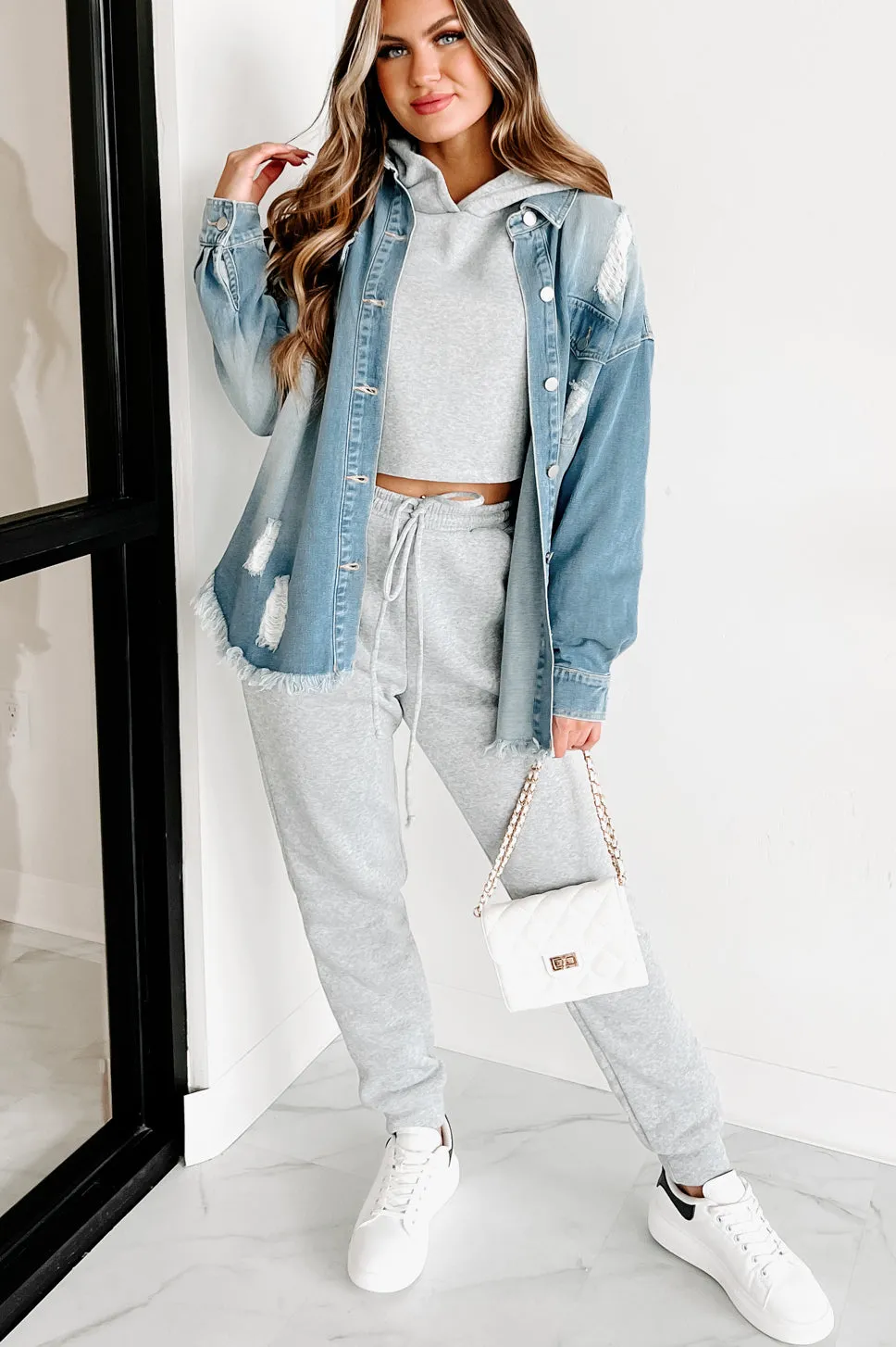 Anything For You Distressed Denim Shacket (Blue)