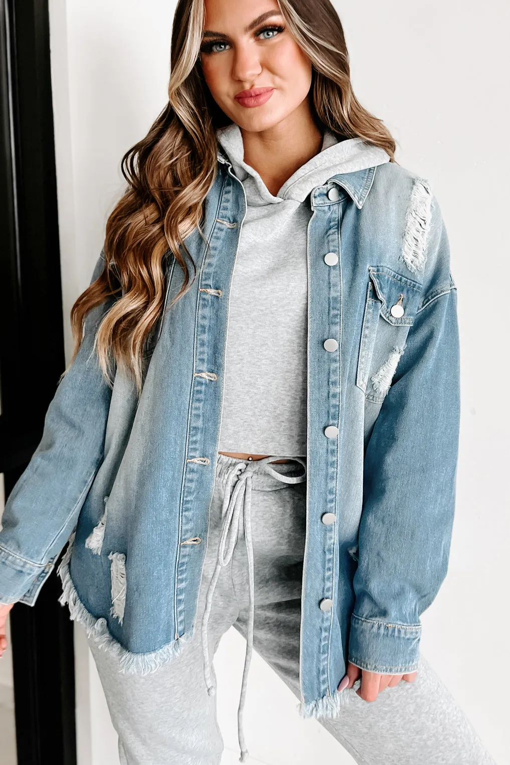 Anything For You Distressed Denim Shacket (Blue)