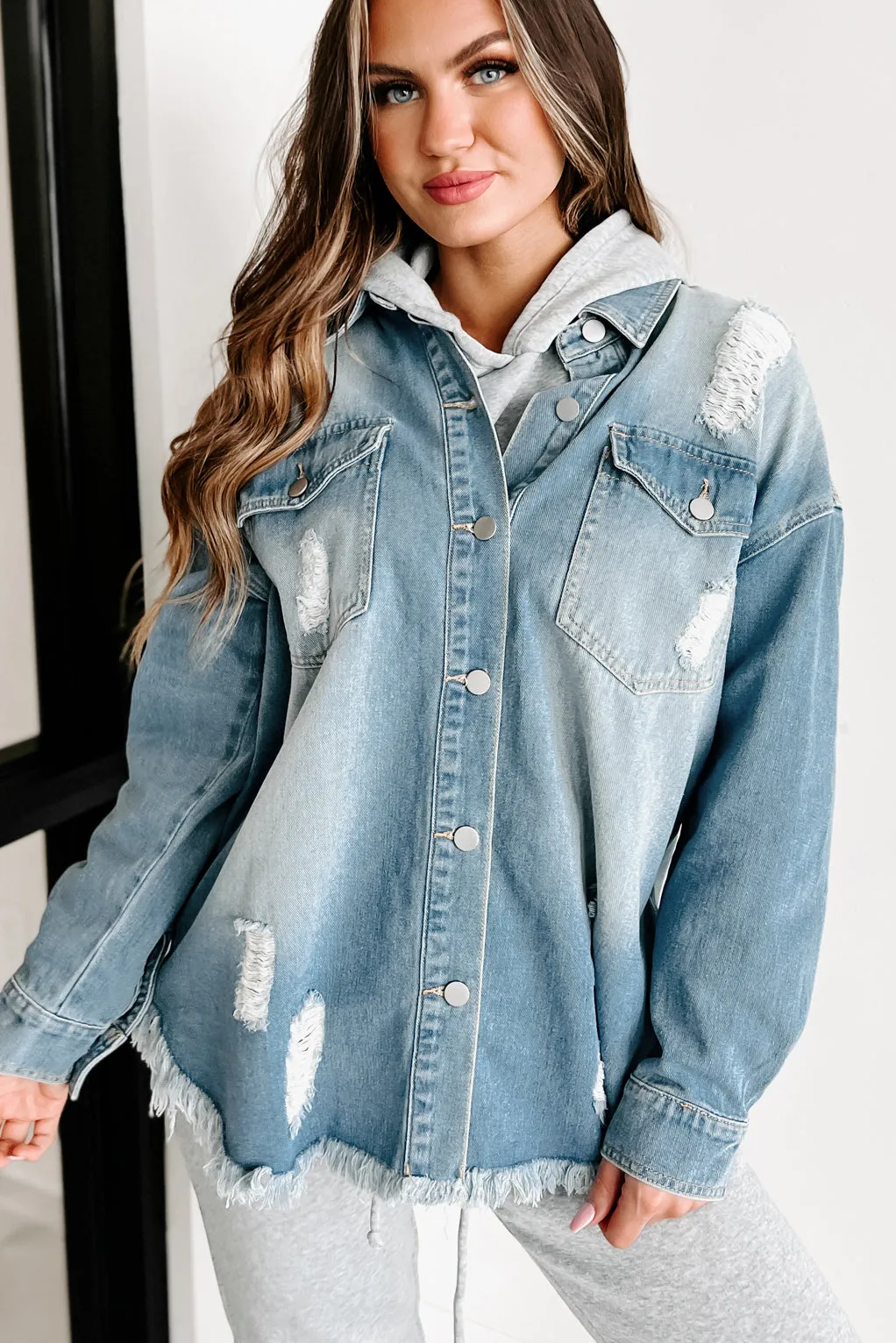 Anything For You Distressed Denim Shacket (Blue)