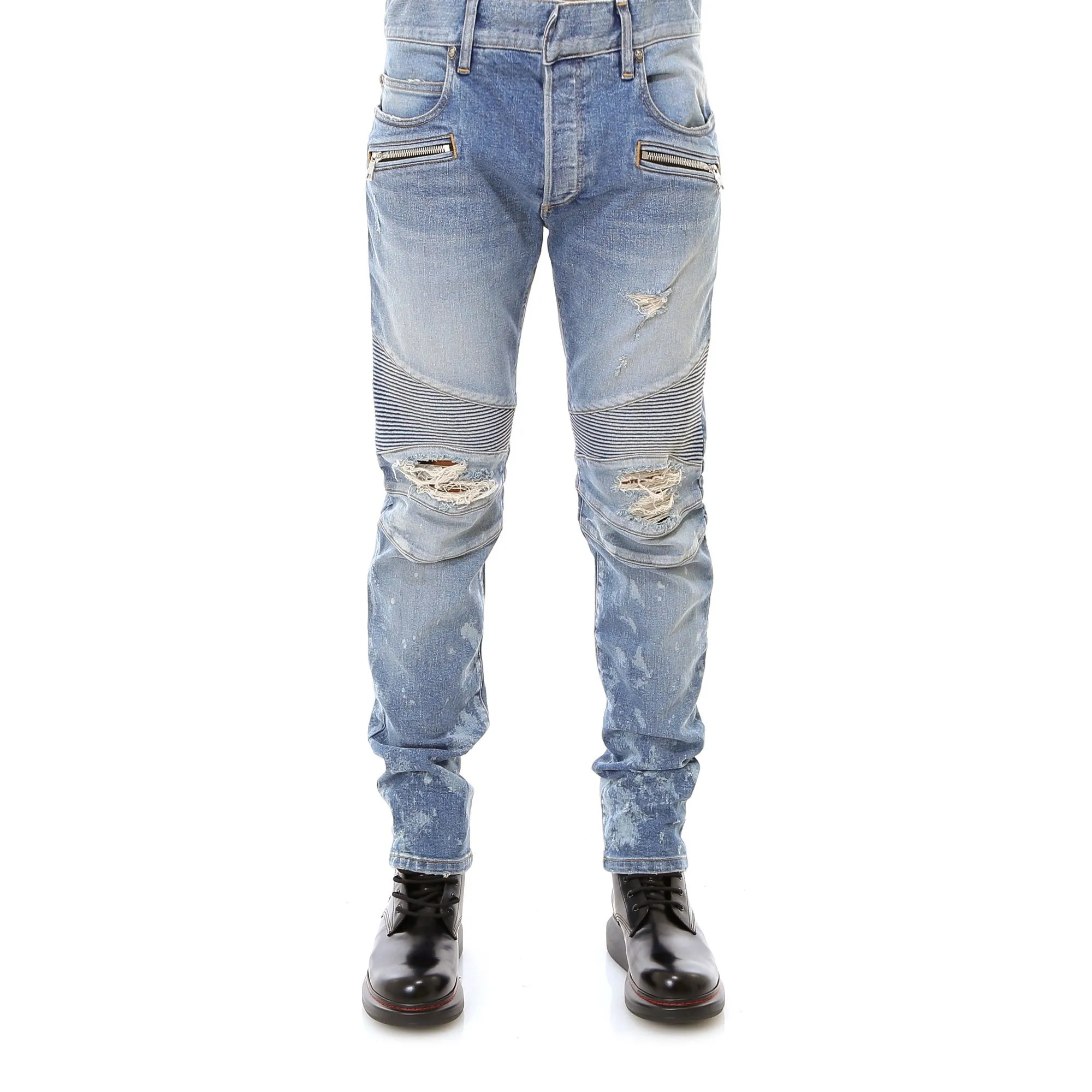 Balmain Distressed Quilted Patch Jeans