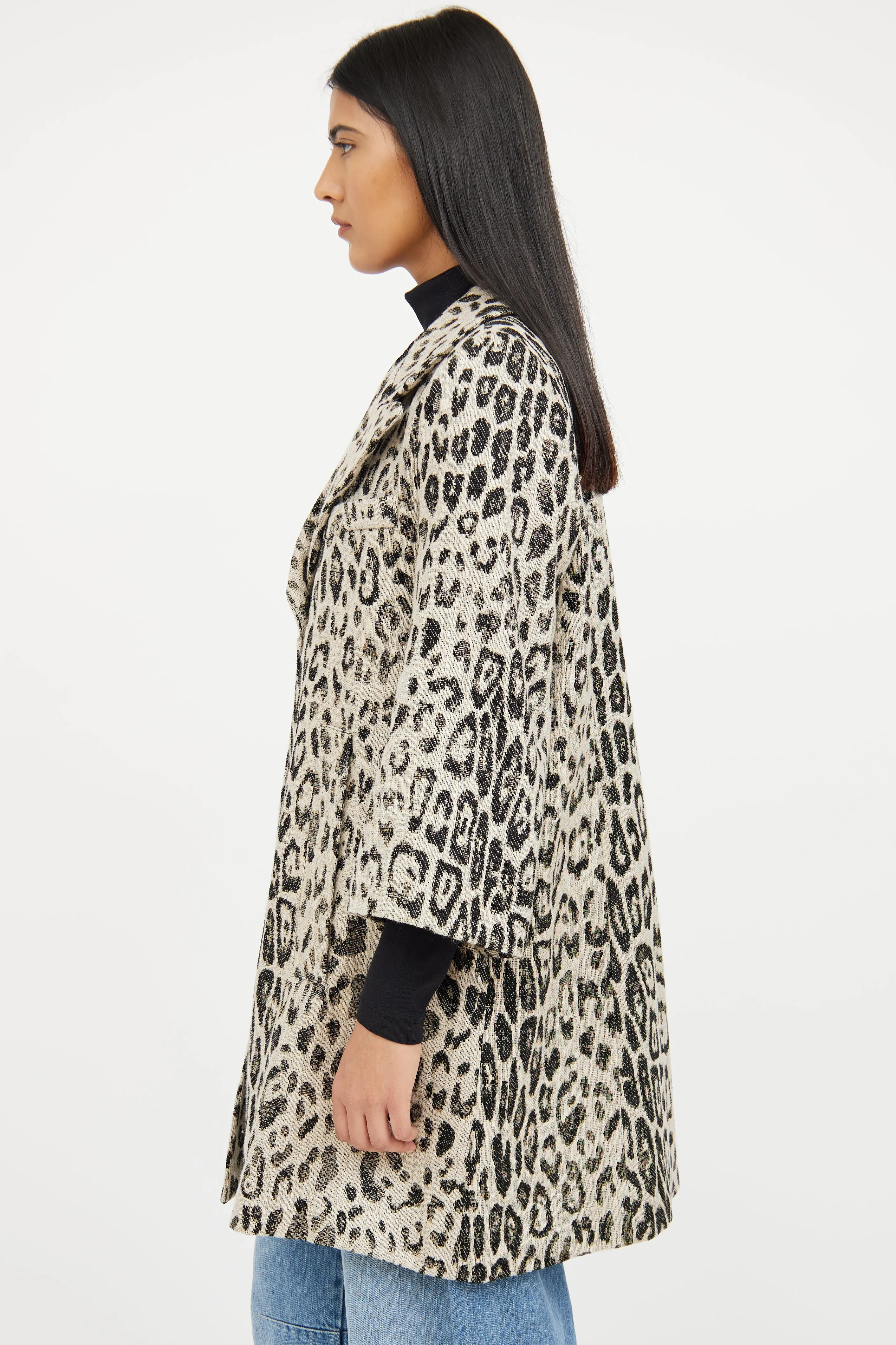 Beige & Black Print Button Coat