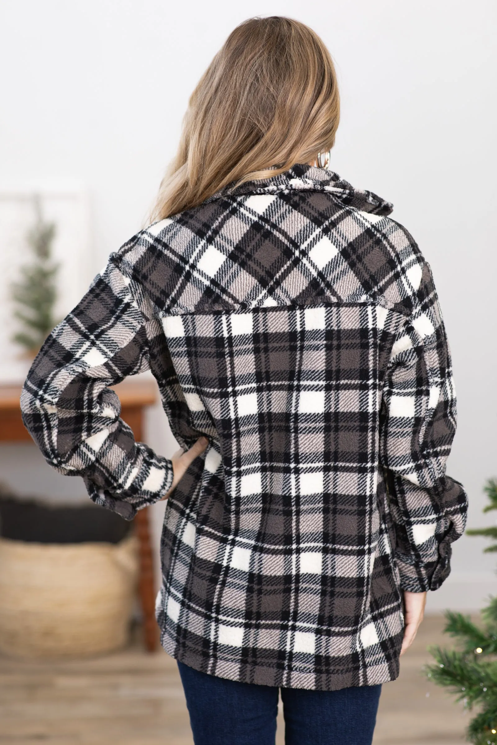 Black and Grey Plaid Sherpa Shacket