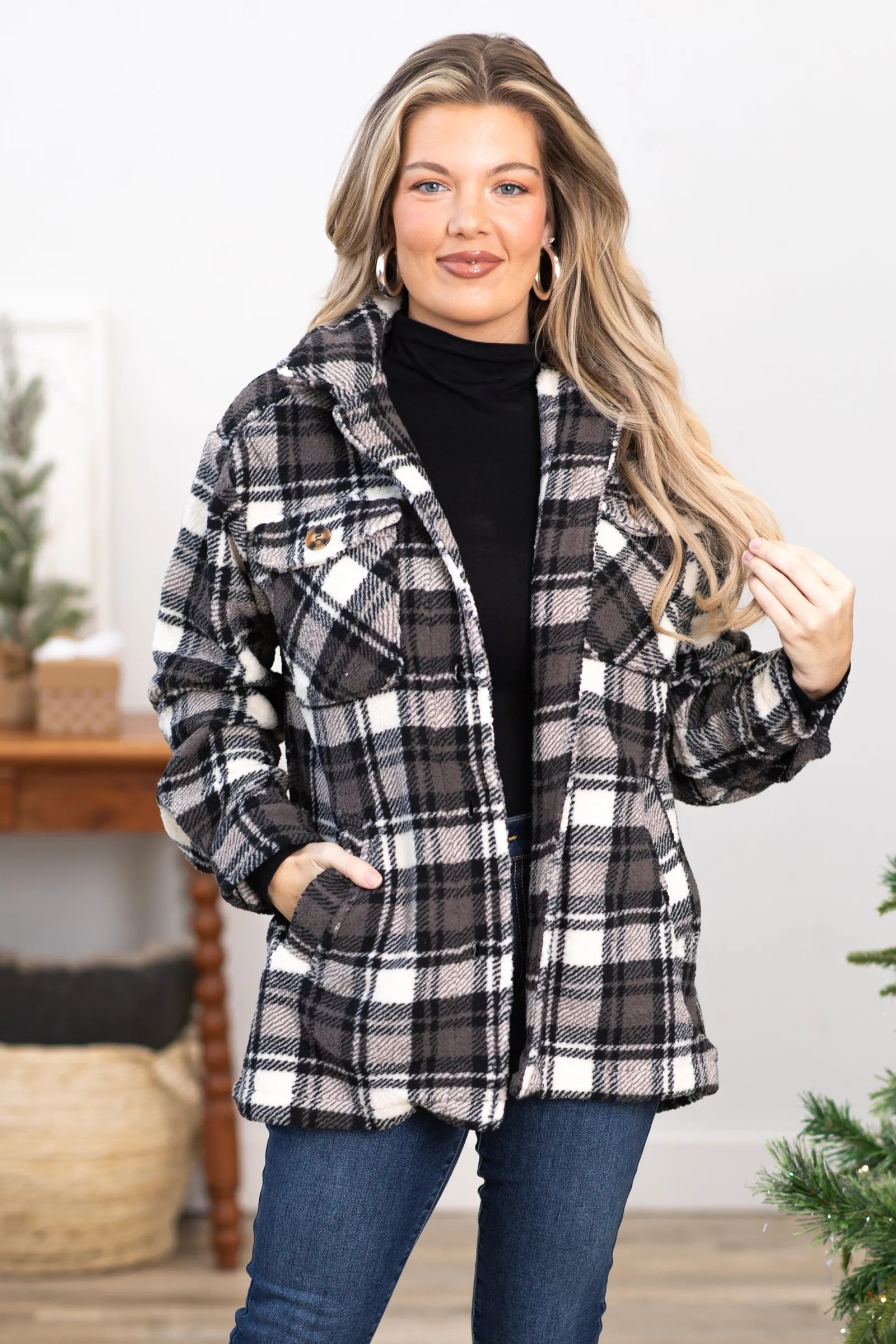 Black and Grey Plaid Sherpa Shacket