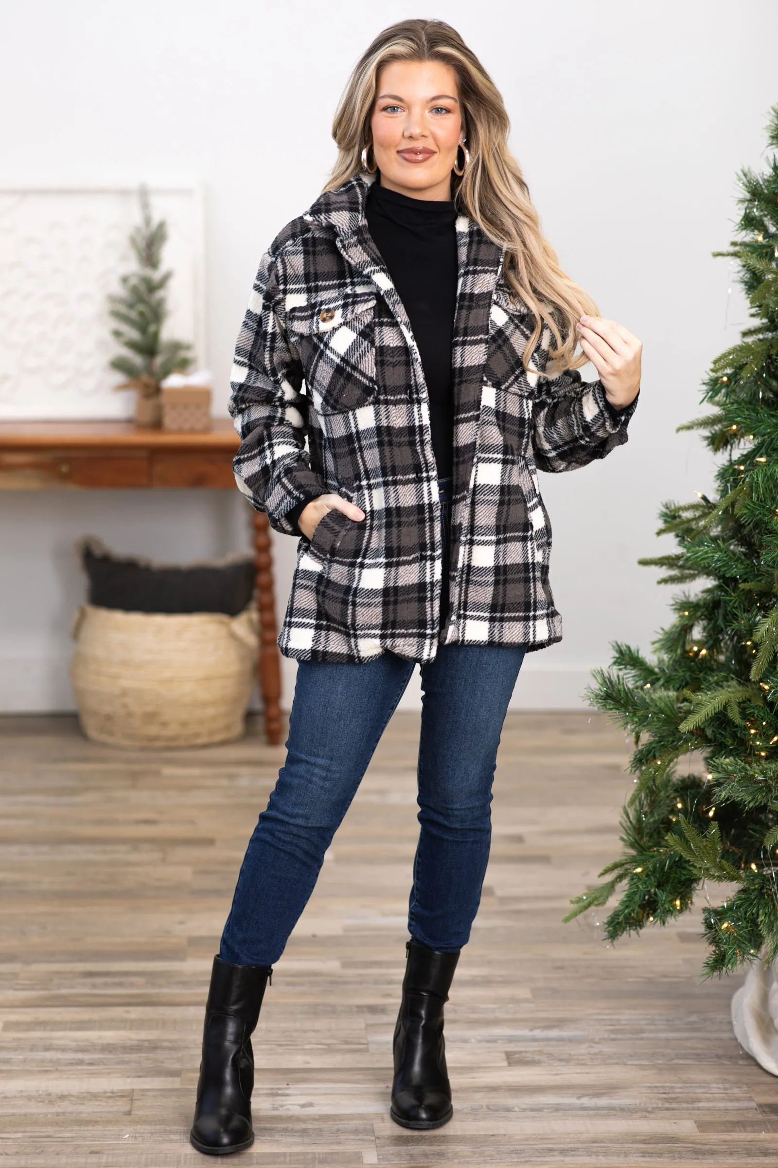 Black and Grey Plaid Sherpa Shacket
