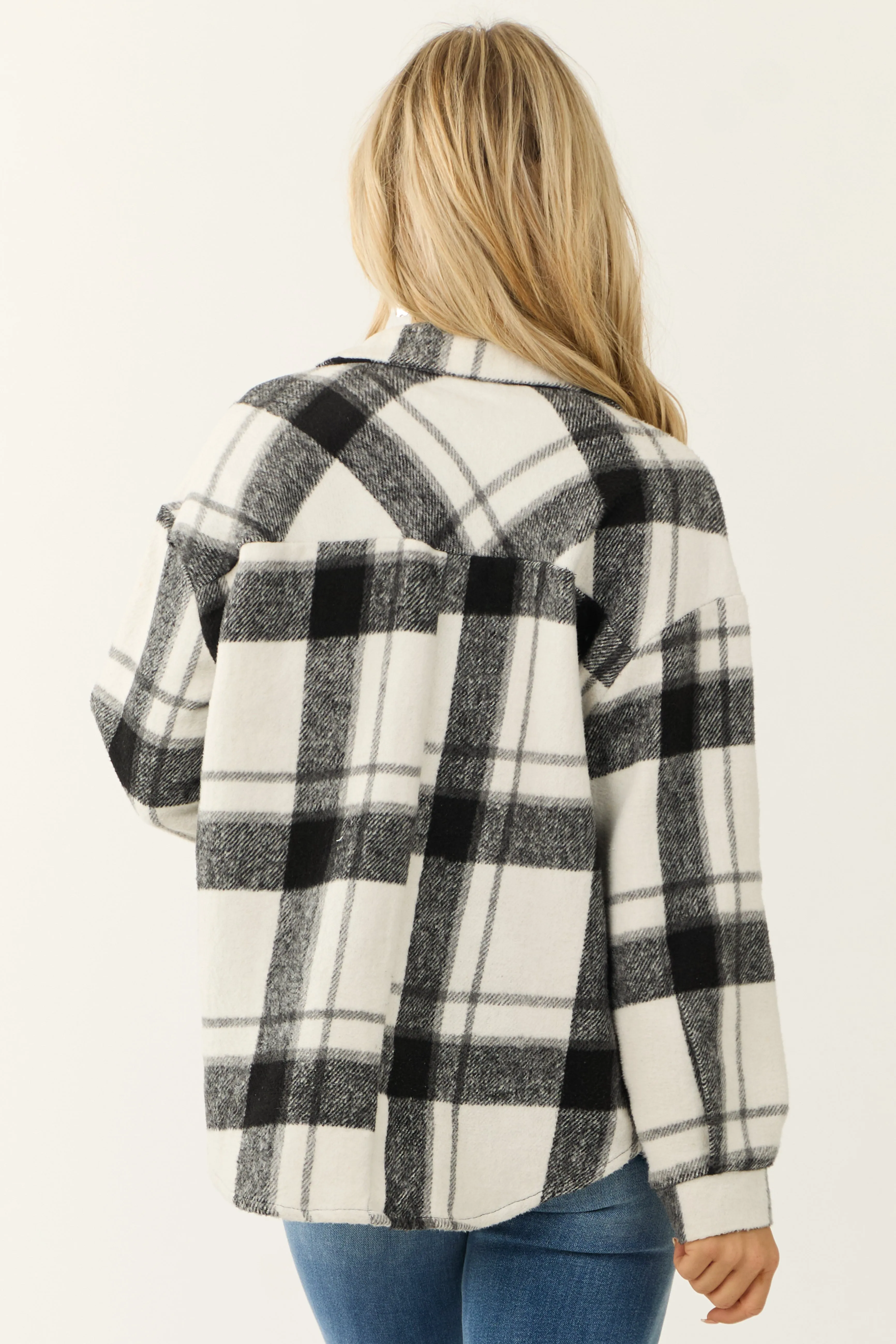 Black and White Plaid Button Up Collared Shacket