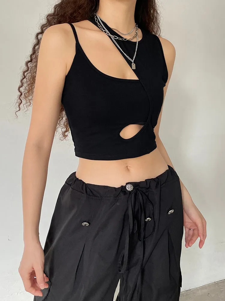 Black Slim Asymmetrical Crop Cut-Out Vest