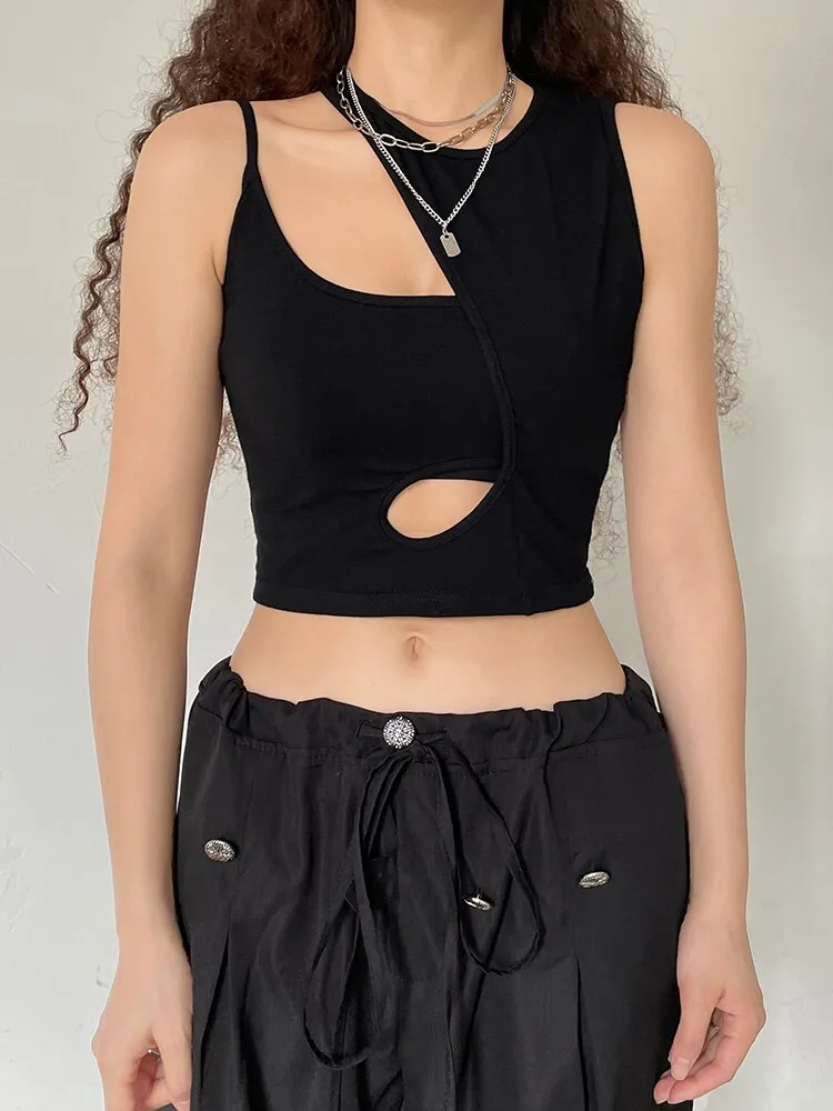 Black Slim Asymmetrical Crop Cut-Out Vest