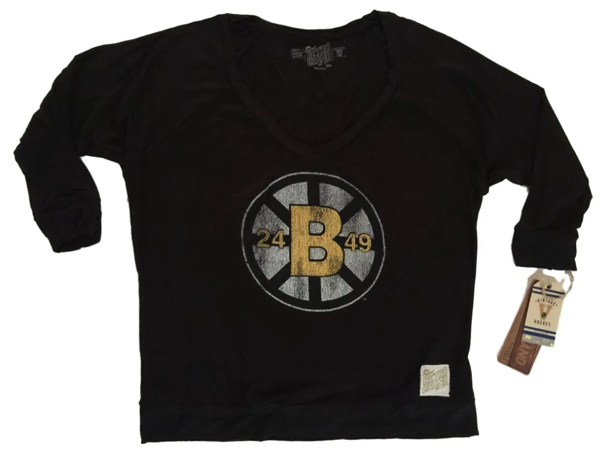Boston Bruins Retro Brand WOMEN Black Stretch 3/4 Cuffed Sleeve V-Neck T-Shirt