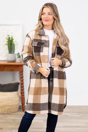Brown and Tan Plaid Long Shacket