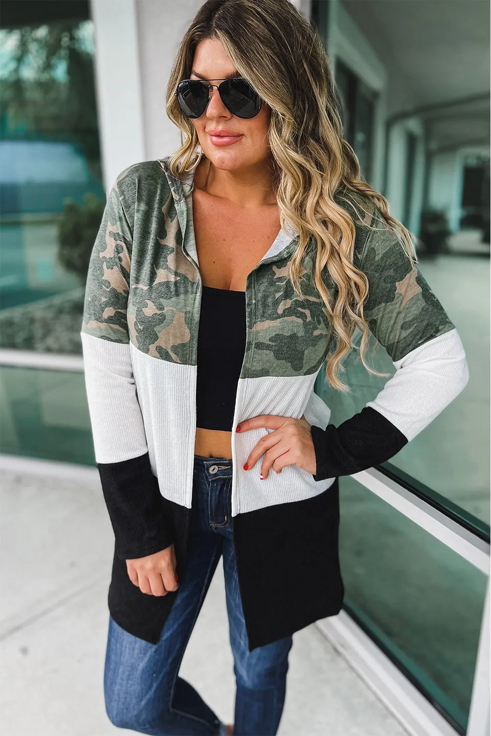 Camo Colorblock Hooded Cardigan