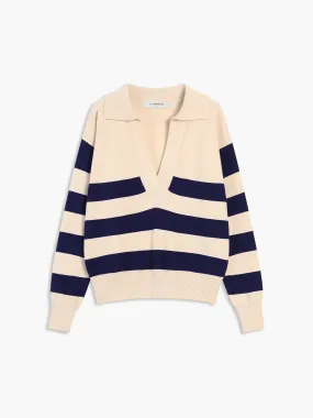CHICMY- V-Neck Open Collar Stripe Sweater