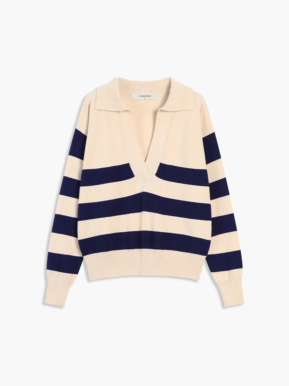 CHICMY- V-Neck Open Collar Stripe Sweater