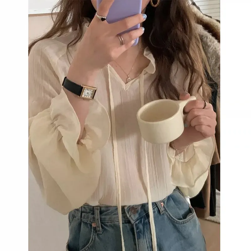 Chiffon Long Sleeve Ruffle Tie Neck Blouse with Knit Vest