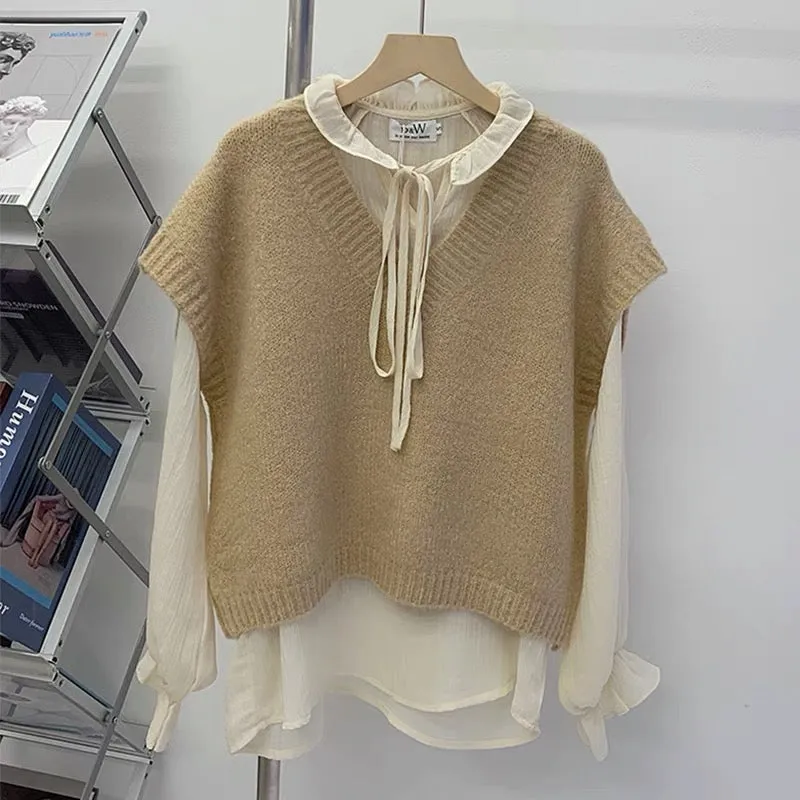Chiffon Long Sleeve Ruffle Tie Neck Blouse with Knit Vest