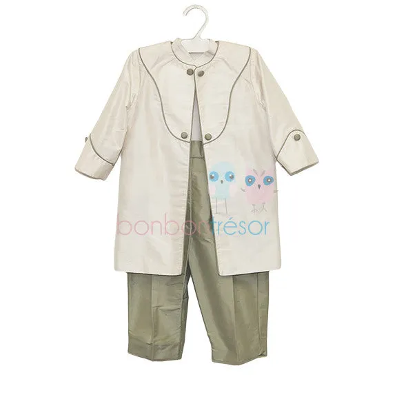 Christening Baby Boy Silk 3 Piece Olive Suit Set