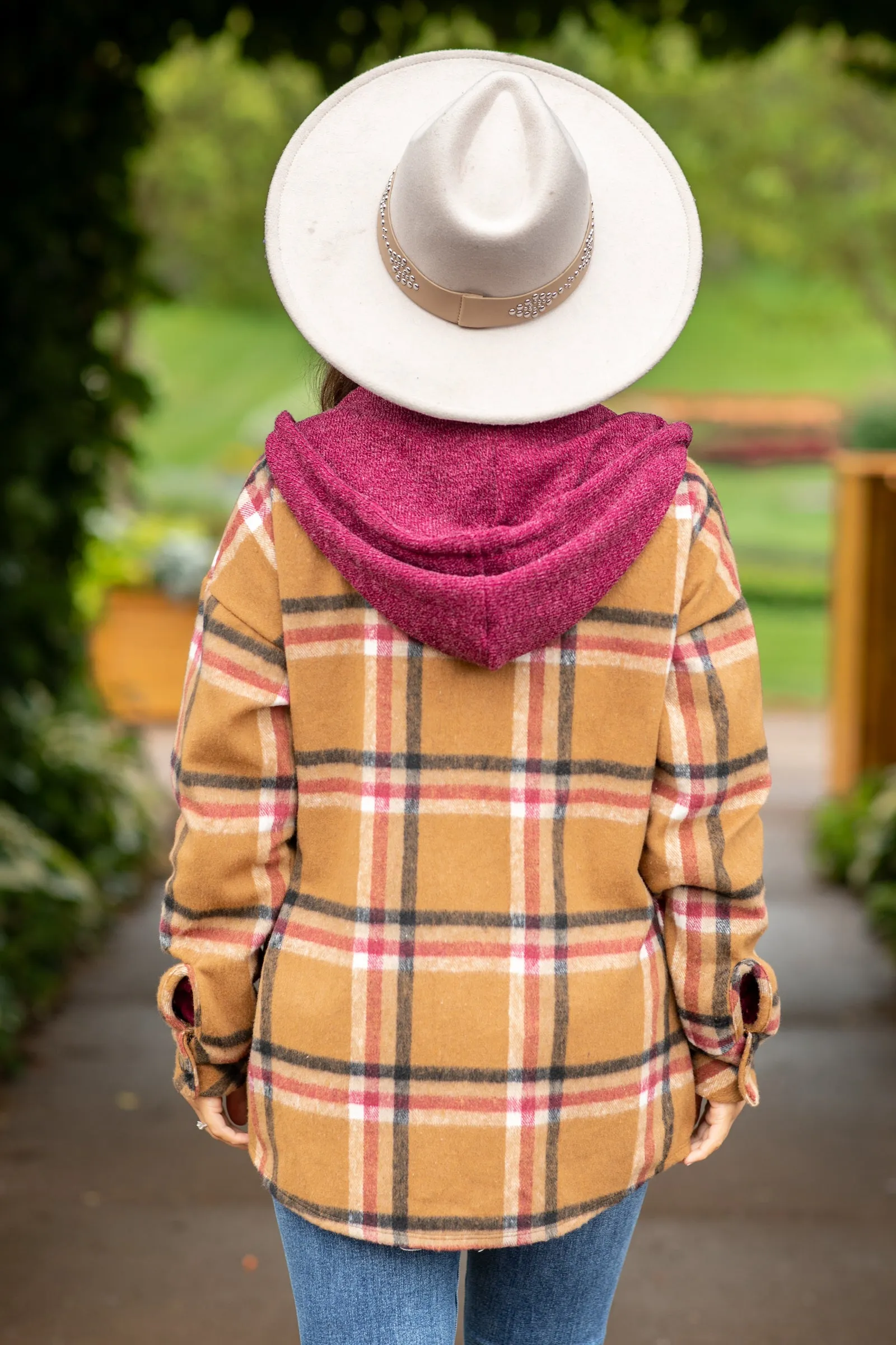 Cinnamon and Berry Hooded Plaid Shacket