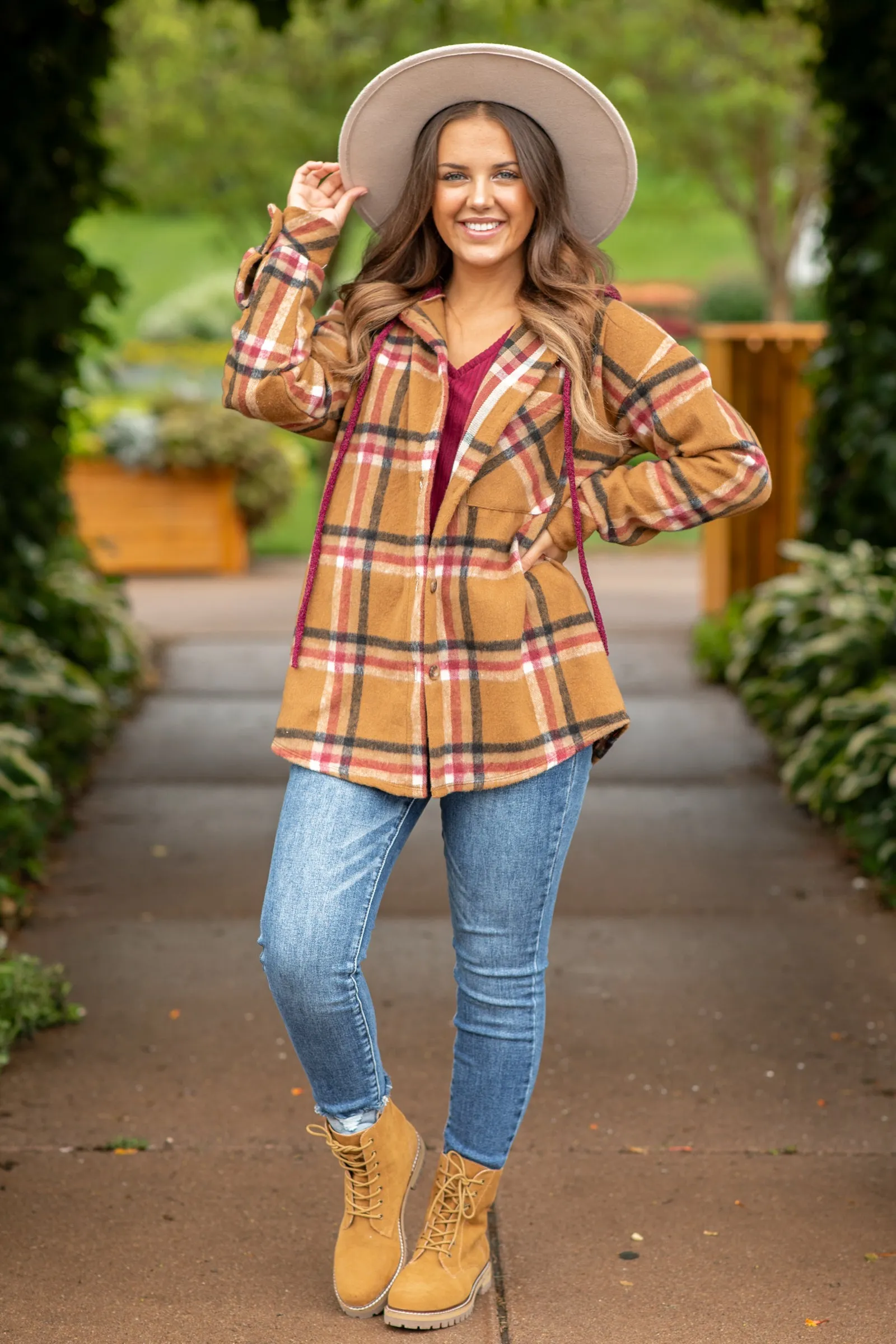 Cinnamon and Berry Hooded Plaid Shacket