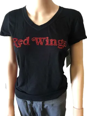 Detroit Red Wings SAAG WOMEN Black Sequin Burnout SS V-Neck T-Shirt