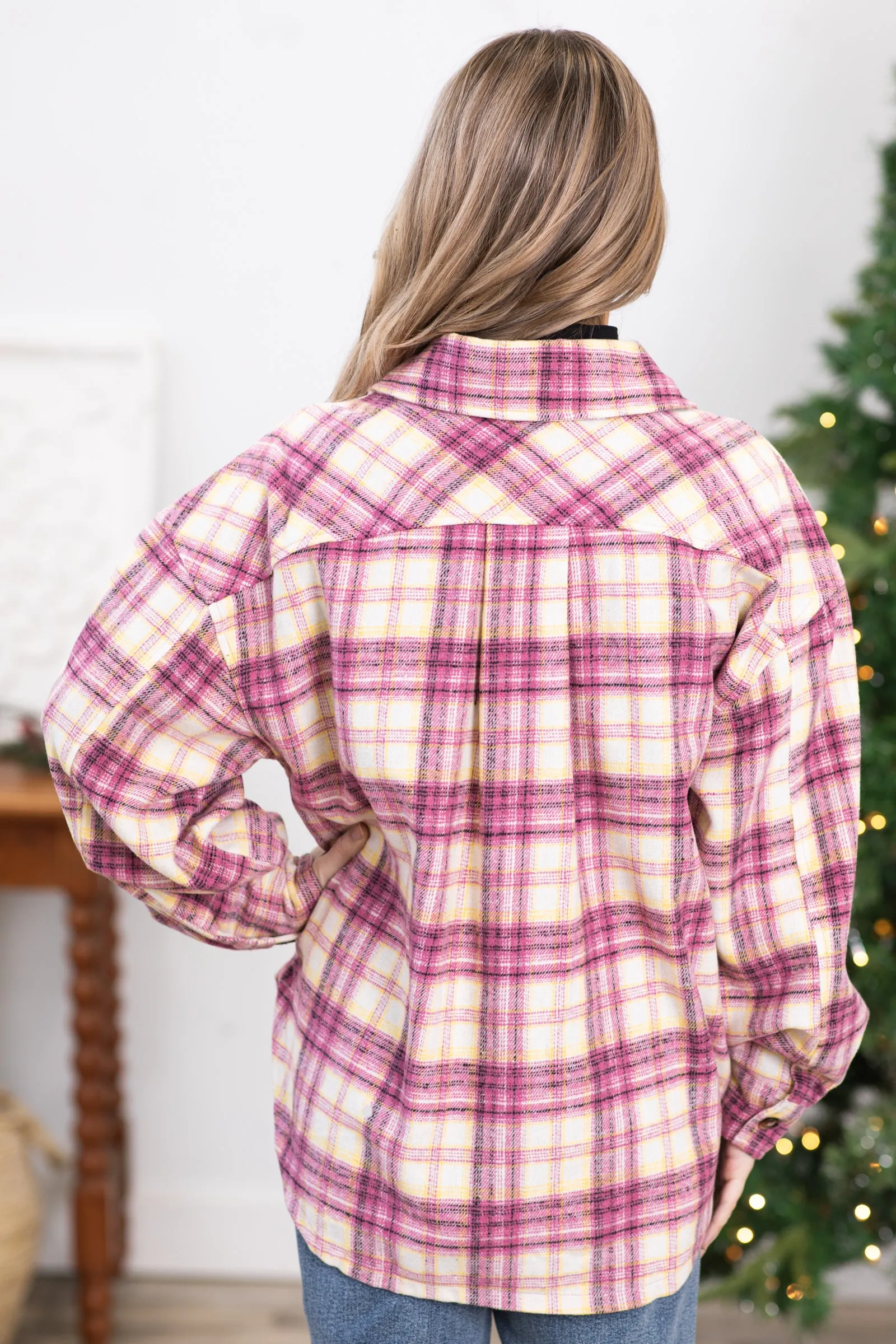 Dusty Rose and Cream Plaid Fleece Shacket