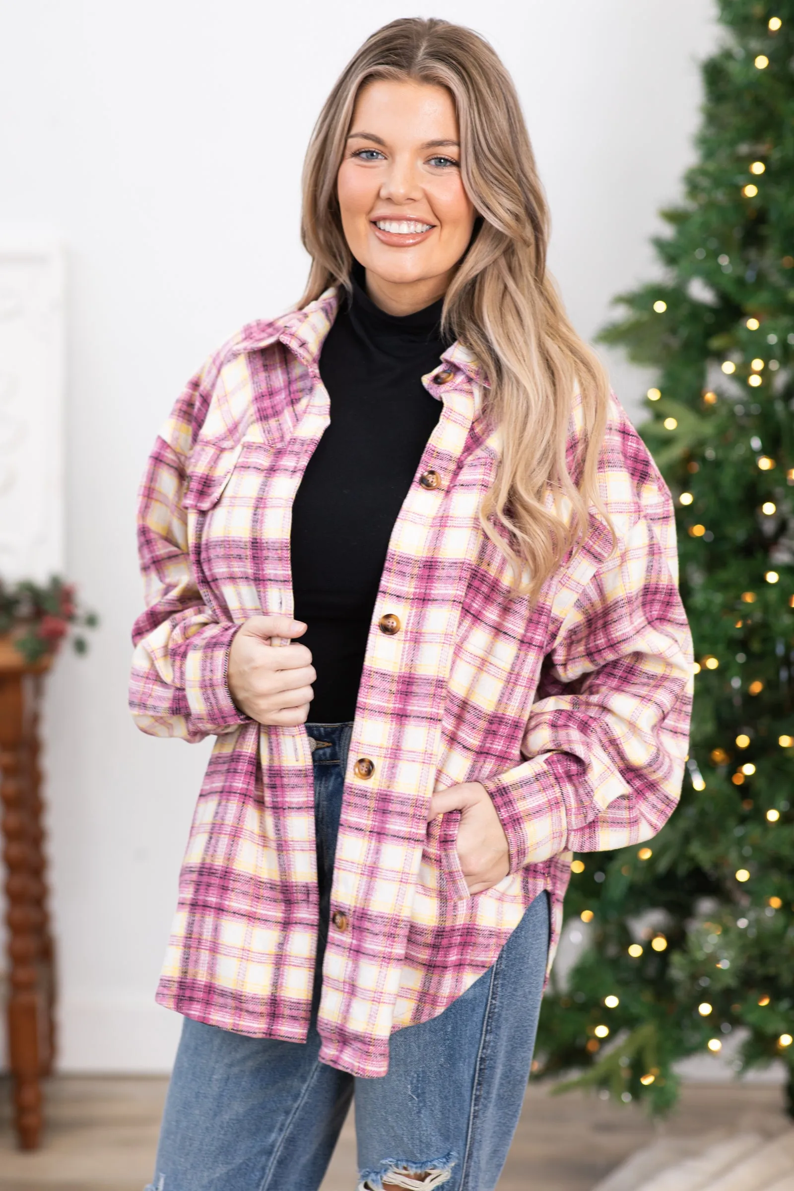 Dusty Rose and Cream Plaid Fleece Shacket