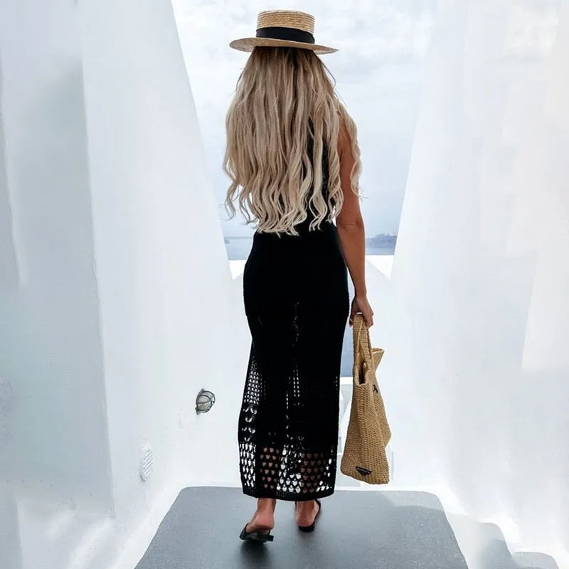 Fashion Sleeveless Holiday Beach Outfits Elegant Solid Color Knitted 2pc Set Sexy O Neck Top Vest Top High Split Long Skirts Set