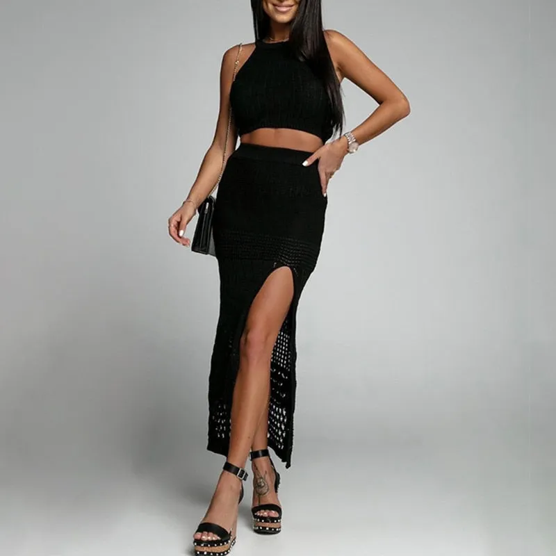 Fashion Sleeveless Holiday Beach Outfits Elegant Solid Color Knitted 2pc Set Sexy O Neck Top Vest Top High Split Long Skirts Set