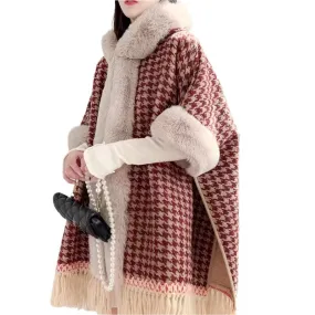 Faux Fur Collar Thicken Velvet  Winter Sequin Poncho Cloak Cape with Hood
