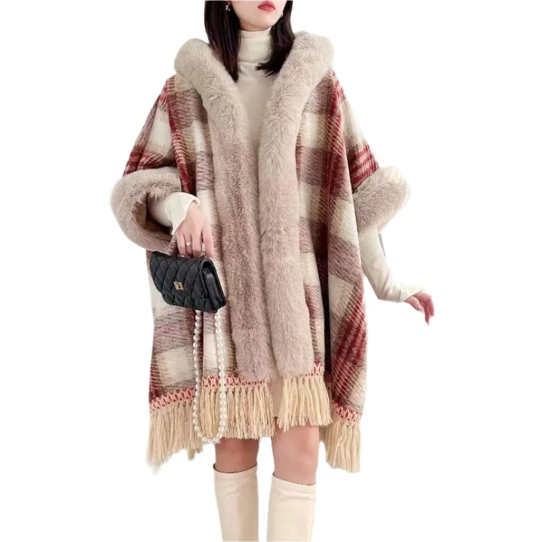 Faux Fur Collar Thicken Velvet  Winter Sequin Poncho Cloak Cape with Hood