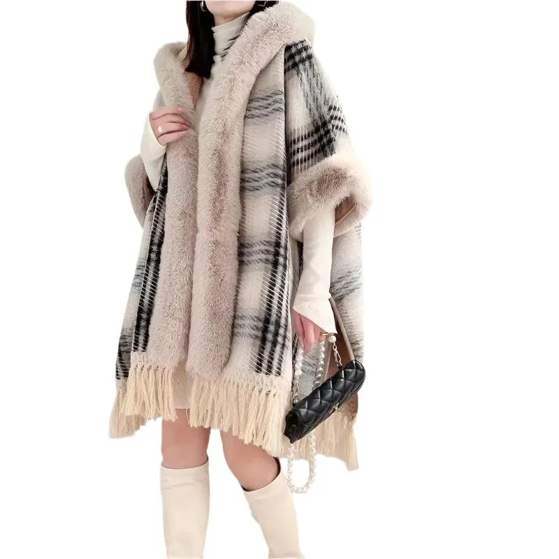 Faux Fur Collar Thicken Velvet  Winter Sequin Poncho Cloak Cape with Hood