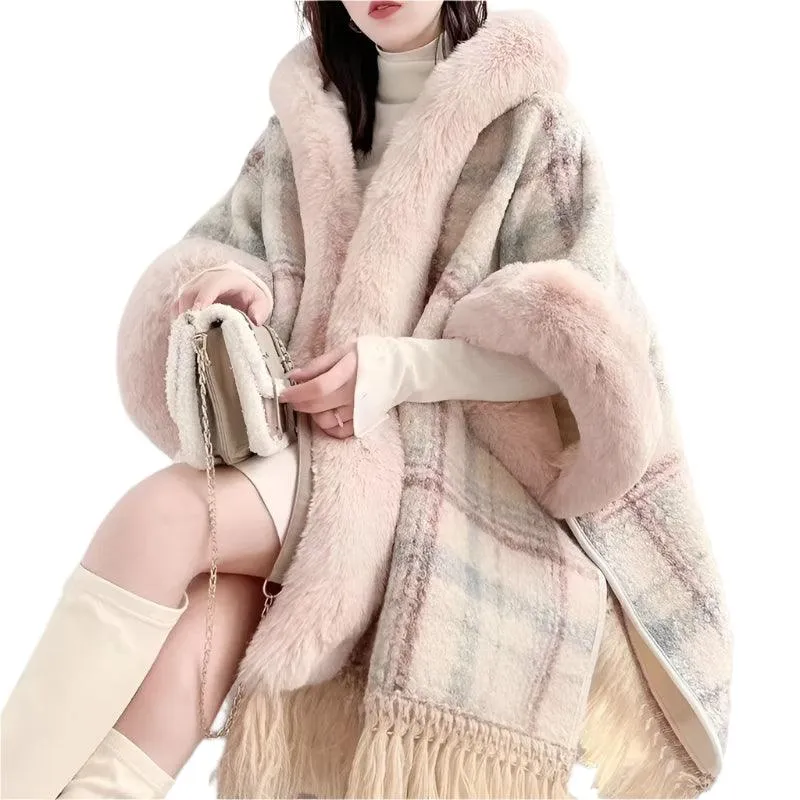 Faux Fur Collar Thicken Velvet  Winter Sequin Poncho Cloak Cape with Hood