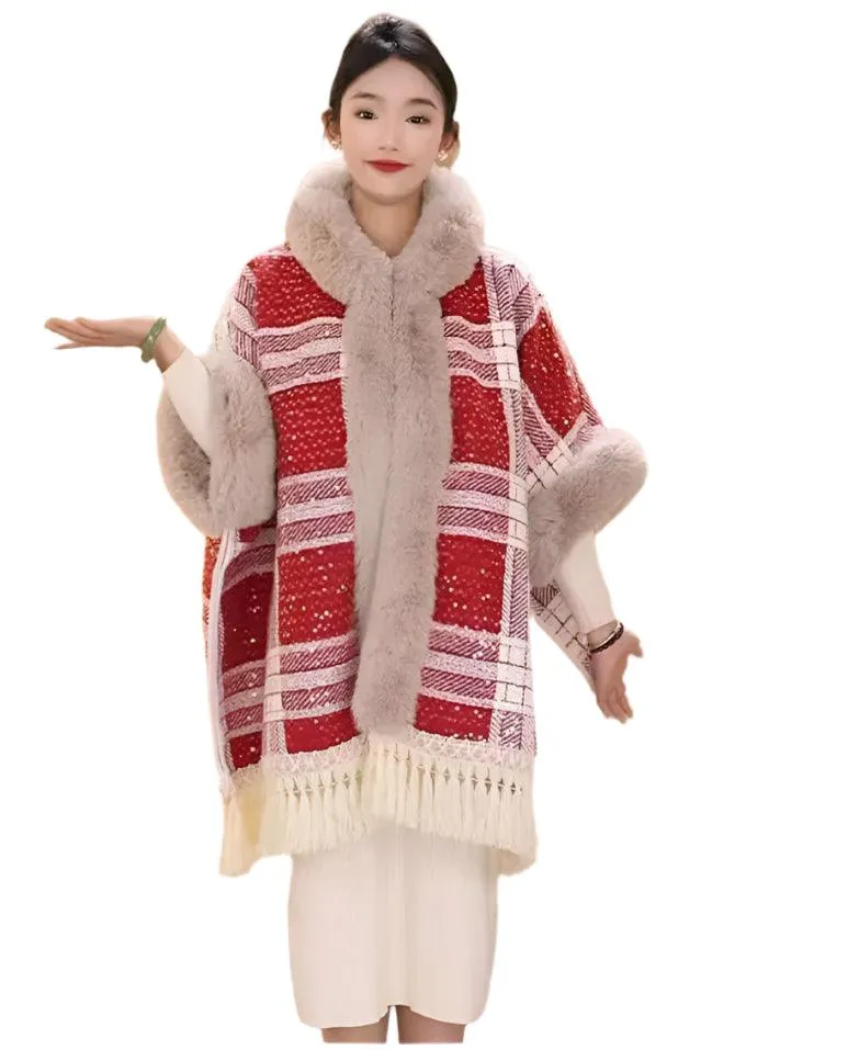 Faux Fur Collar Thicken Velvet  Winter Sequin Poncho Cloak Cape with Hood