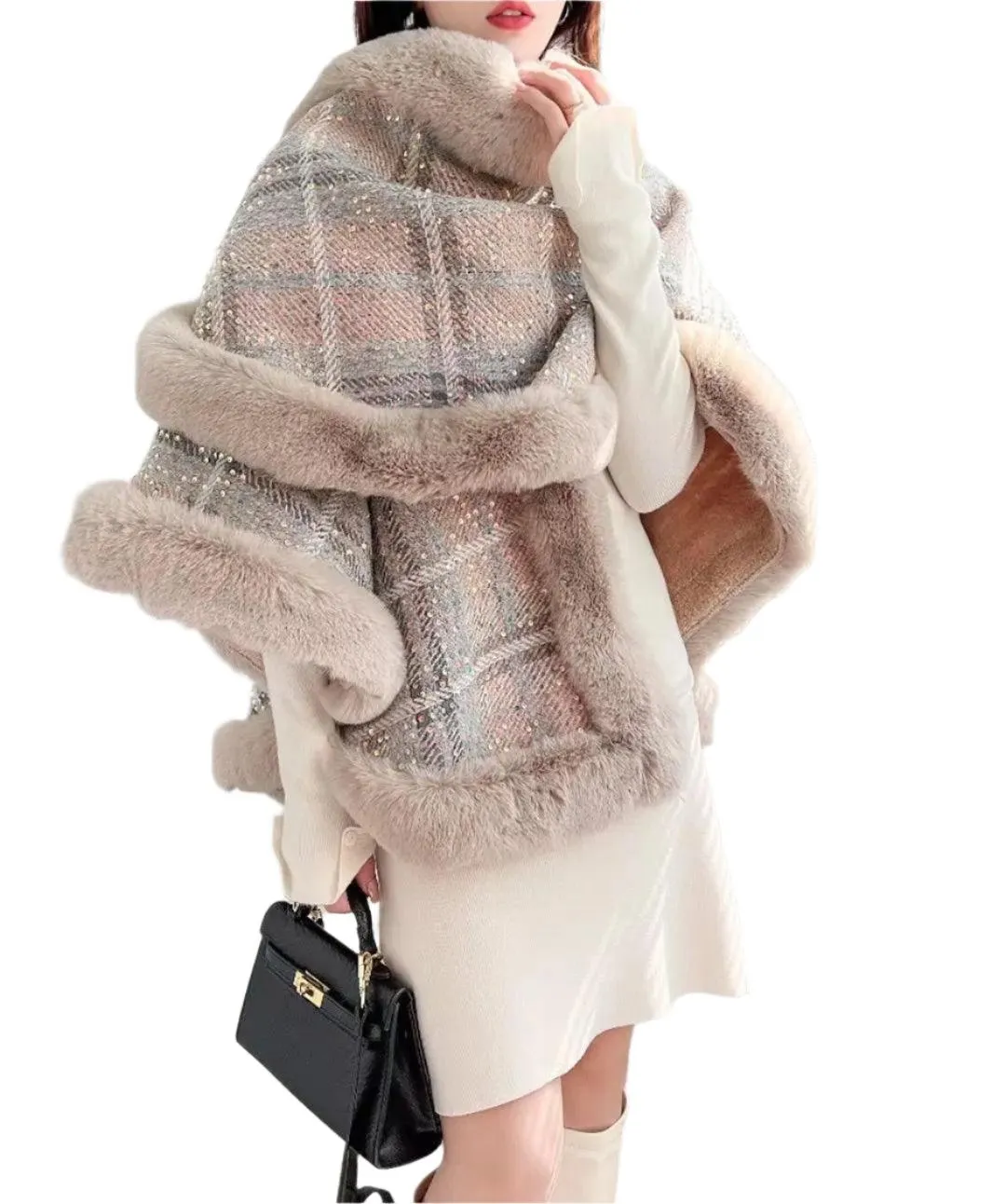 Faux Fur Collar Thicken Velvet  Winter Sequin Poncho Cloak Cape with Hood