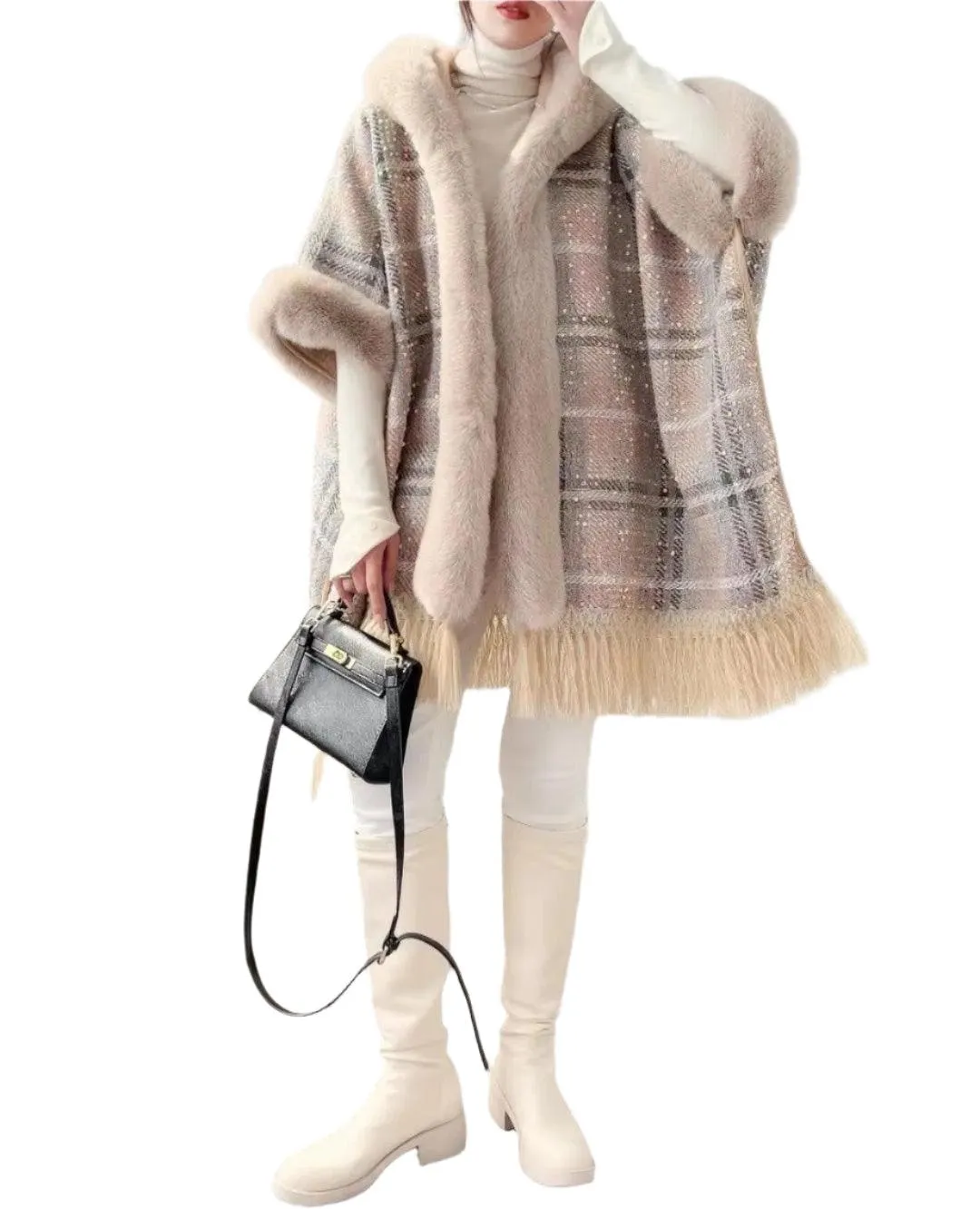 Faux Fur Collar Thicken Velvet  Winter Sequin Poncho Cloak Cape with Hood