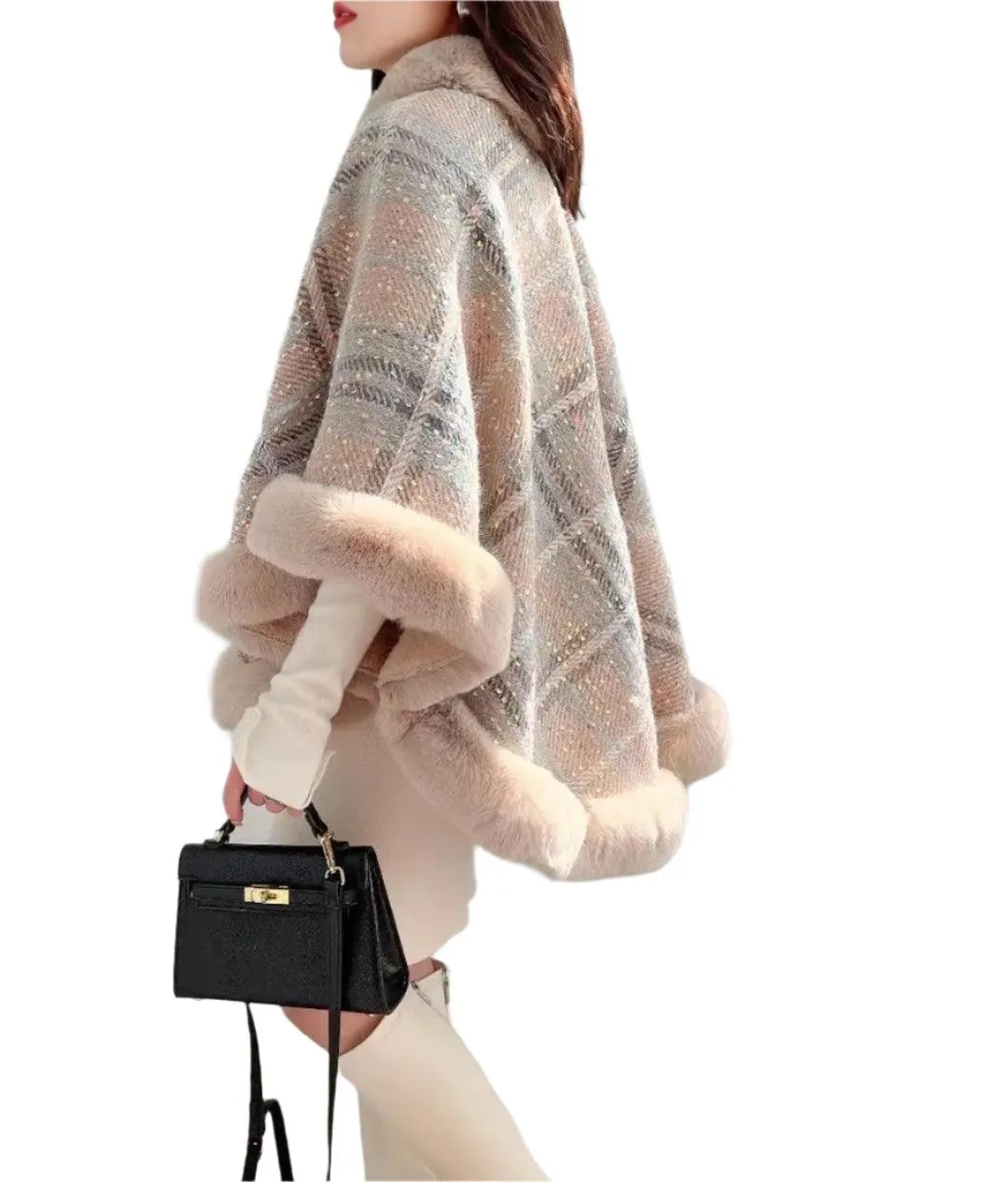 Faux Fur Collar Thicken Velvet  Winter Sequin Poncho Cloak Cape with Hood