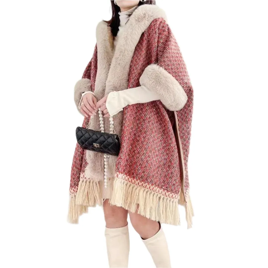 Faux Fur Collar Thicken Velvet  Winter Sequin Poncho Cloak Cape with Hood