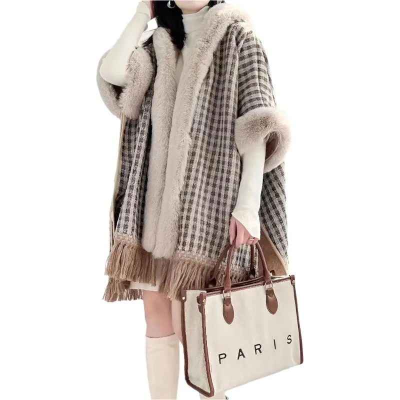 Faux Fur Collar Thicken Velvet  Winter Sequin Poncho Cloak Cape with Hood