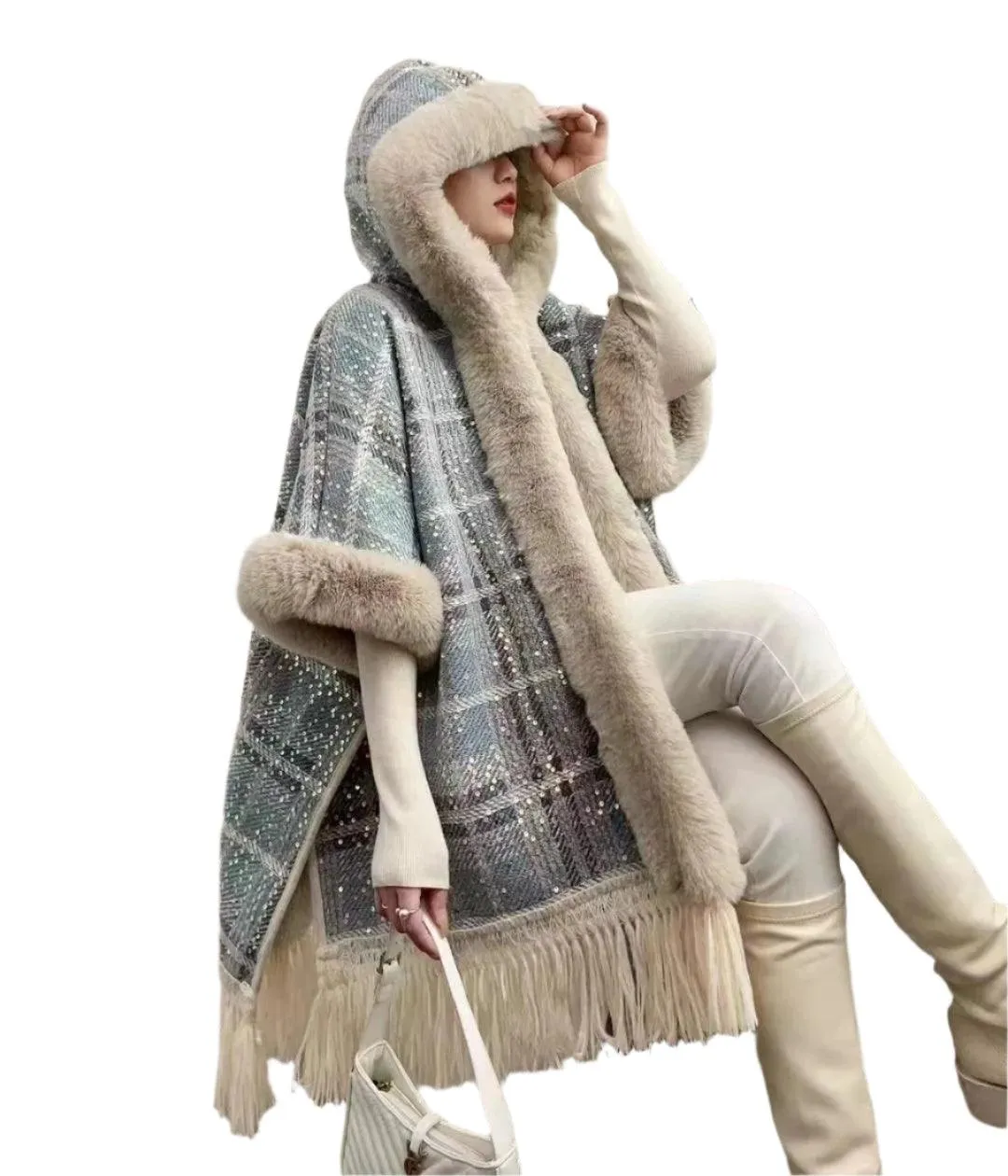 Faux Fur Collar Thicken Velvet  Winter Sequin Poncho Cloak Cape with Hood