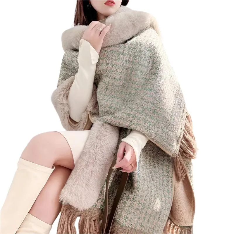 Faux Fur Collar Thicken Velvet  Winter Sequin Poncho Cloak Cape with Hood