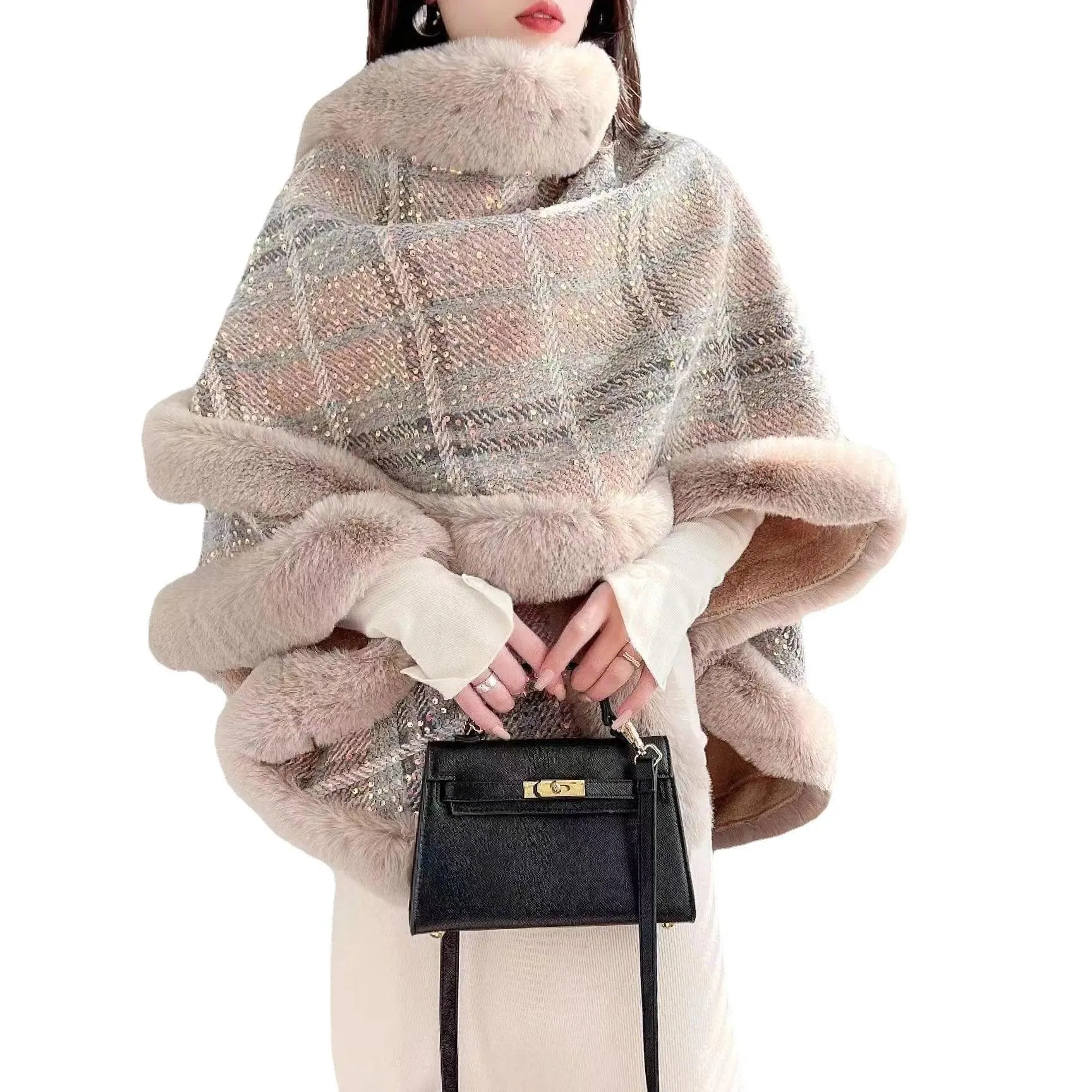Faux Fur Collar Thicken Velvet  Winter Sequin Poncho Cloak Cape with Hood
