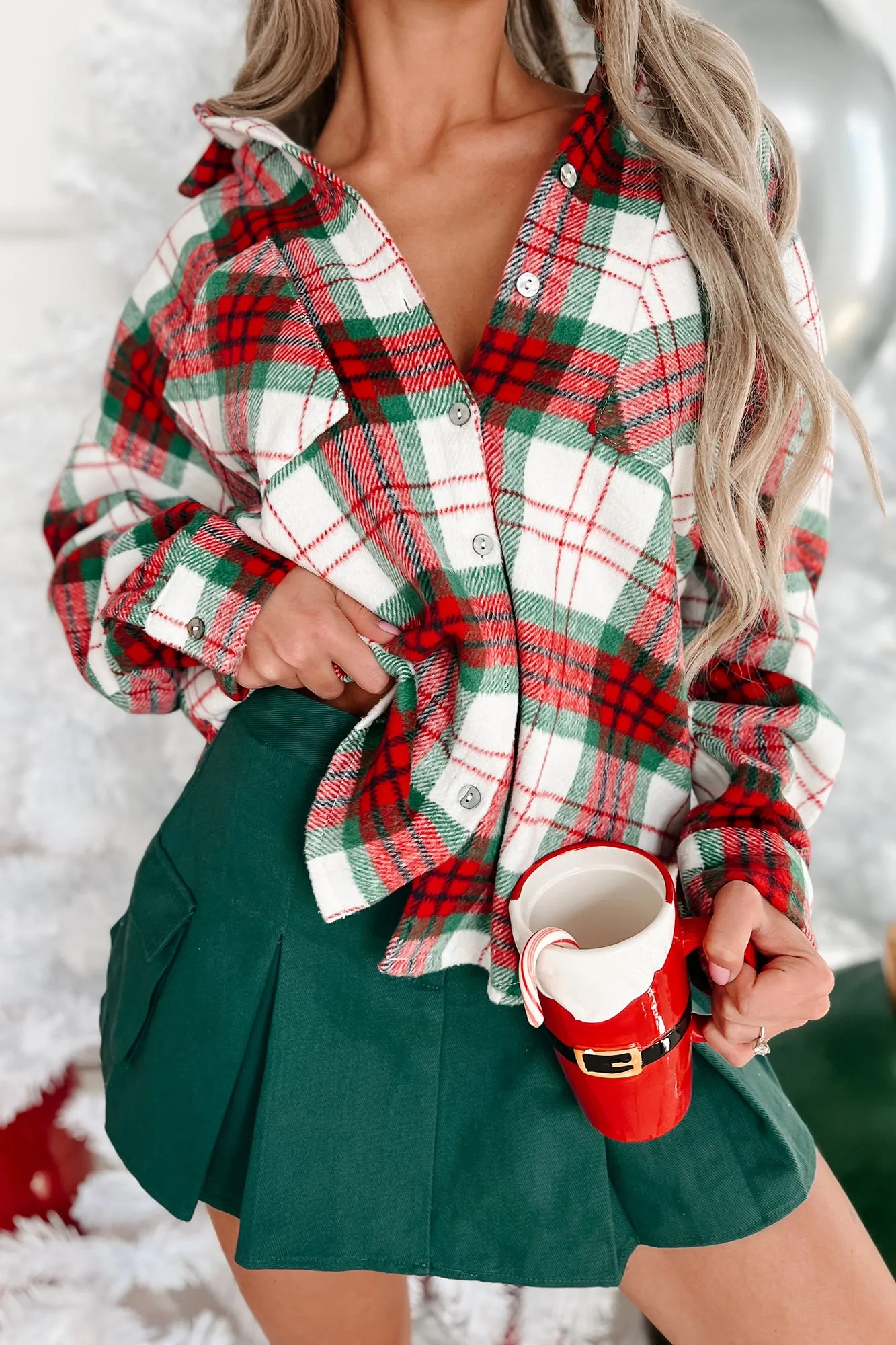 Festivity Ready Oversized Plaid Shacket (Red/Green)