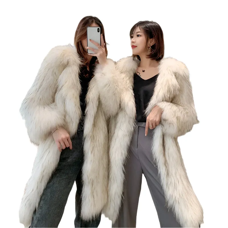 Fox Fur Winter Coat for Women - Long, Warm Raccoon-Style Faux Fur Overcoat, Large Size Casual Windbreaker