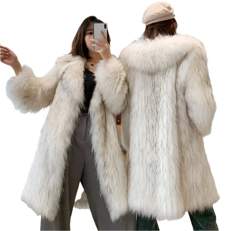 Fox Fur Winter Coat for Women - Long, Warm Raccoon-Style Faux Fur Overcoat, Large Size Casual Windbreaker