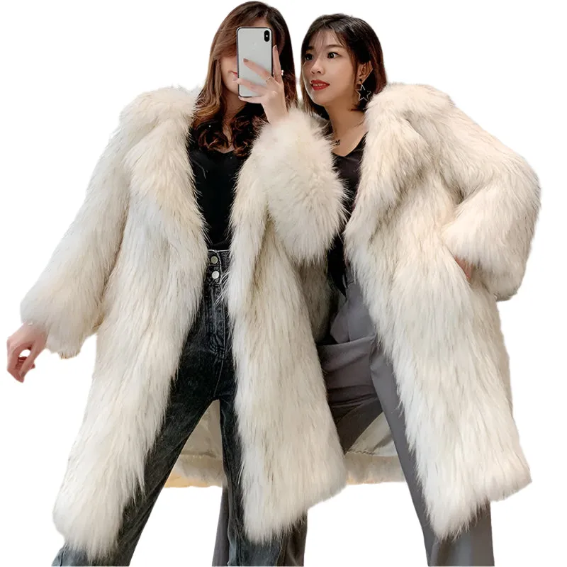 Fox Fur Winter Coat for Women - Long, Warm Raccoon-Style Faux Fur Overcoat, Large Size Casual Windbreaker