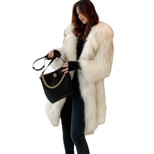 Fox Fur Winter Coat for Women - Long, Warm Raccoon-Style Faux Fur Overcoat, Large Size Casual Windbreaker