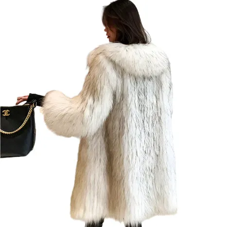 Fox Fur Winter Coat for Women - Long, Warm Raccoon-Style Faux Fur Overcoat, Large Size Casual Windbreaker