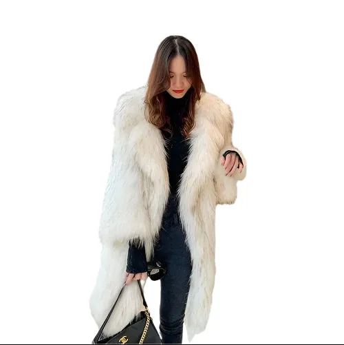 Fox Fur Winter Coat for Women - Long, Warm Raccoon-Style Faux Fur Overcoat, Large Size Casual Windbreaker
