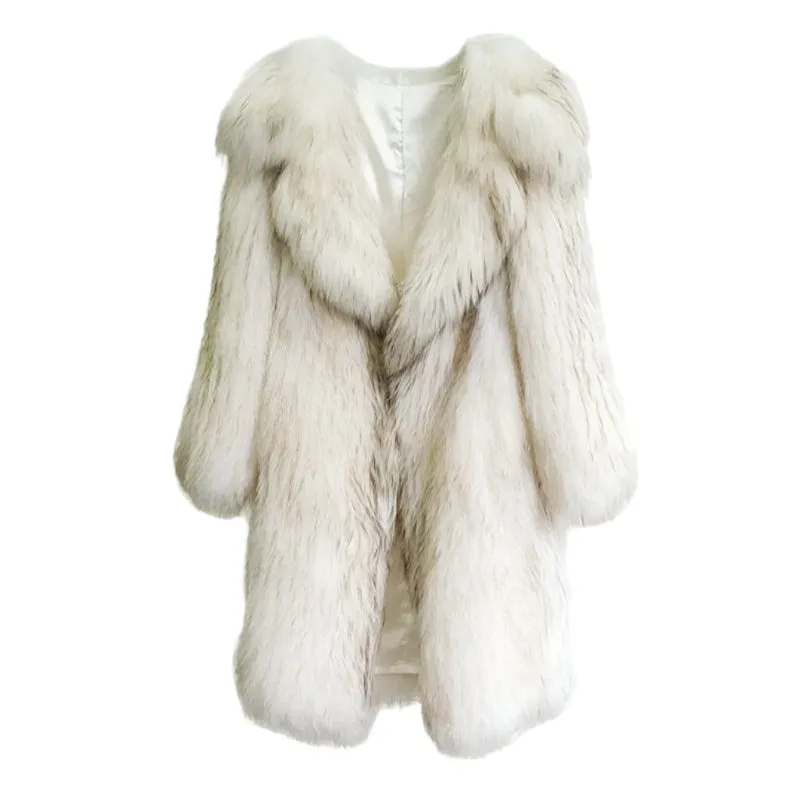 Fox Fur Winter Coat for Women - Long, Warm Raccoon-Style Faux Fur Overcoat, Large Size Casual Windbreaker