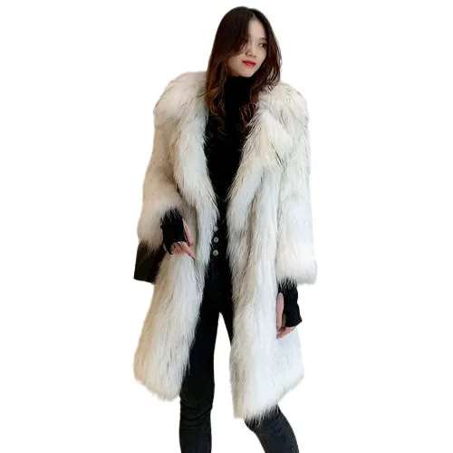 Fox Fur Winter Coat for Women - Long, Warm Raccoon-Style Faux Fur Overcoat, Large Size Casual Windbreaker