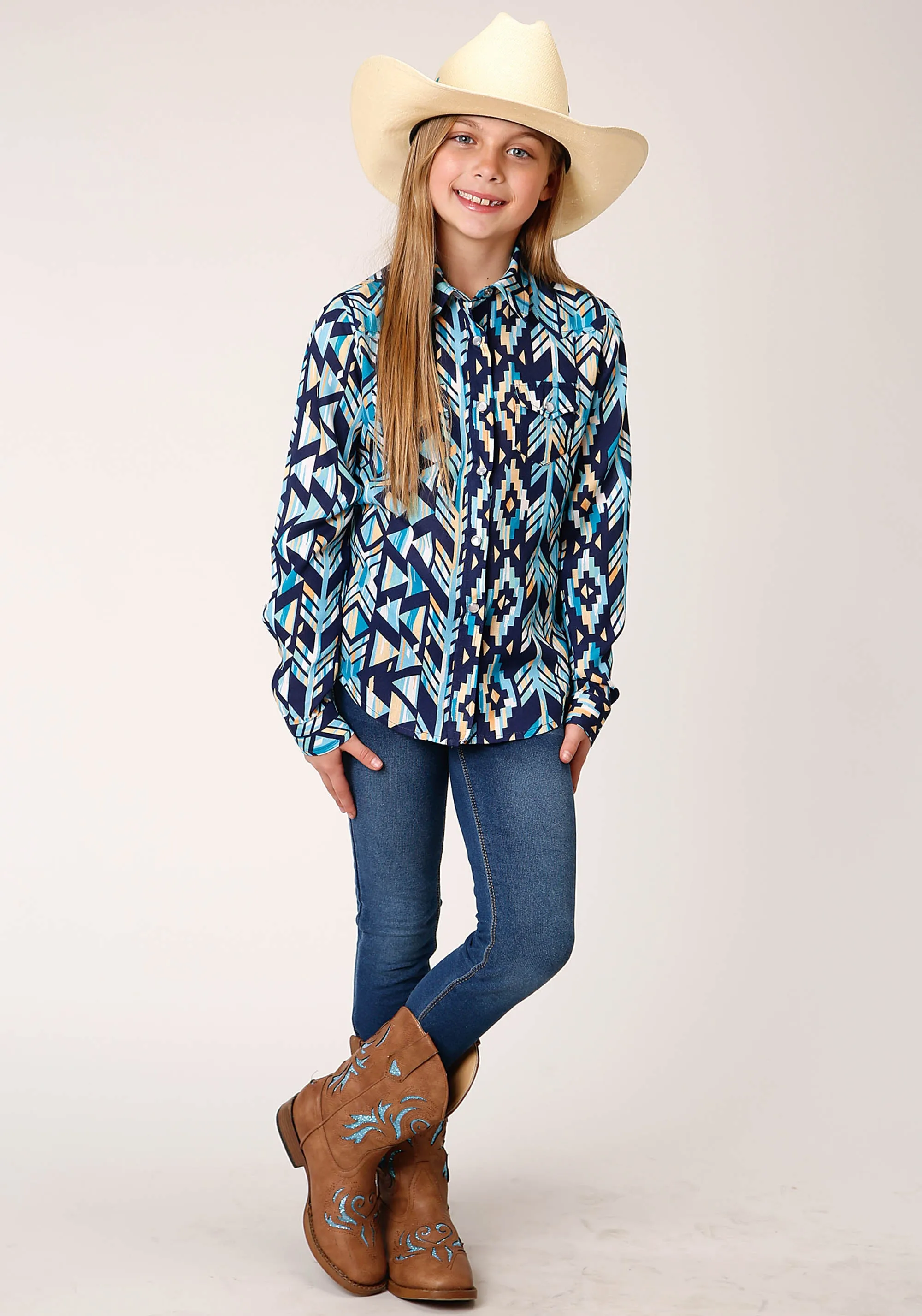 GIRLS LONG SLEEVE SNAP MODERN AZTEC PRINT SHIRT